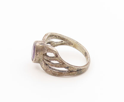 925 Sterling Silver Vintage Ring Oval Cut Amethyst Openwork Band  Sz 7  RG36880