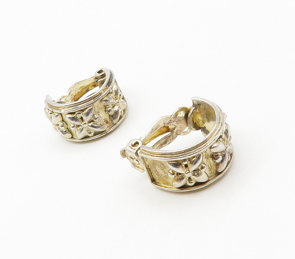 925 Sterling Silver  Vintage Shiny Flowers Non Pierce Hoop Earrings  EG8356