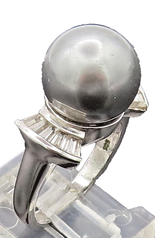 925 Sterling Silver Vintage Ring Large Pearl CZ Side Fan Effect Sz 6  RG27652