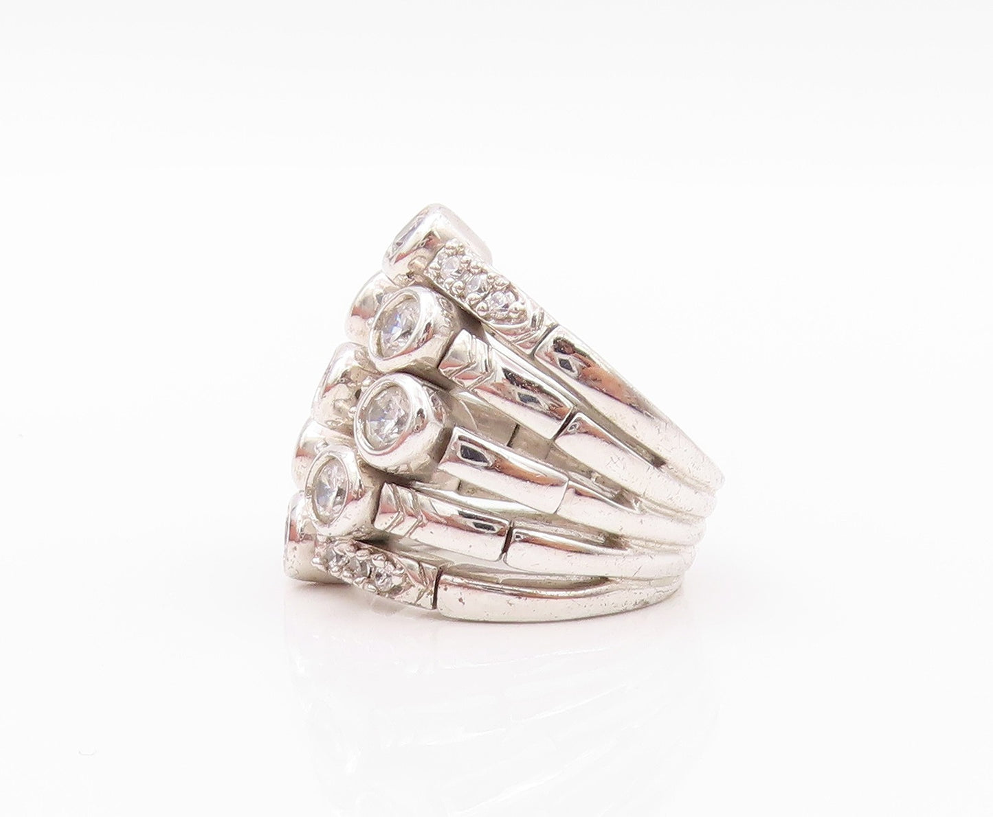 925 Sterling Silver Vintage Ring Modernist Cutout CZ Inlay Bands  Sz 5  RG32228