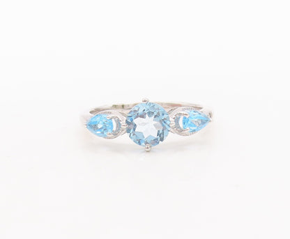 925 Sterling Silver Vintage Ring Round & Drop Cut Blue Topaz  Sz 7  RG29459