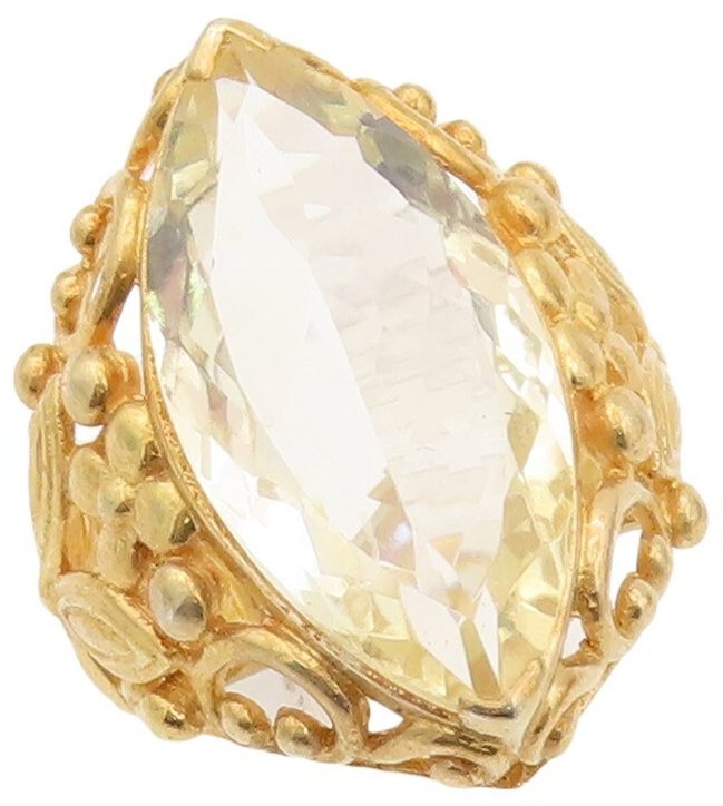925 Sterling Silver Vintage Ring Gold Plated Carved Lime Quartz  Sz 7  RG30070