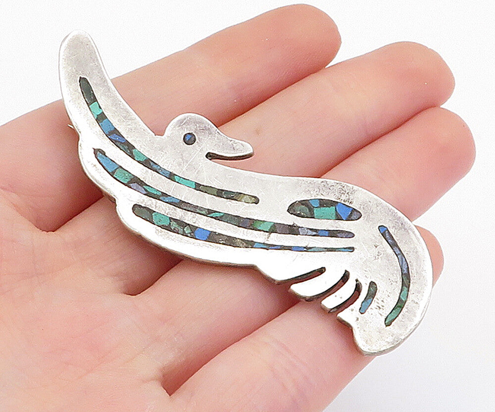 MEXICO 925 Sterling Silver  Vintage Turquoise Mosaic Bird Brooch Pin  BP2043
