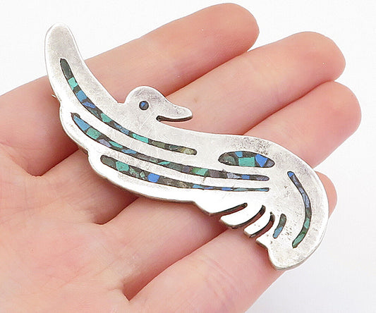 MEXICO 925 Sterling Silver  Vintage Turquoise Mosaic Bird Brooch Pin  BP2043