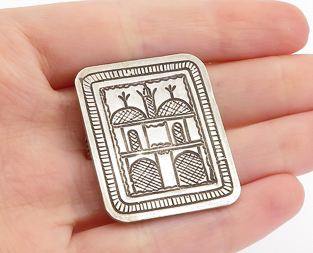 925 Sterling Silver  Vintage Etched House Pattern Square Brooch Pin  BP2178