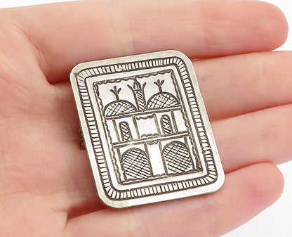 925 Sterling Silver  Vintage Etched House Pattern Square Brooch Pin  BP2178