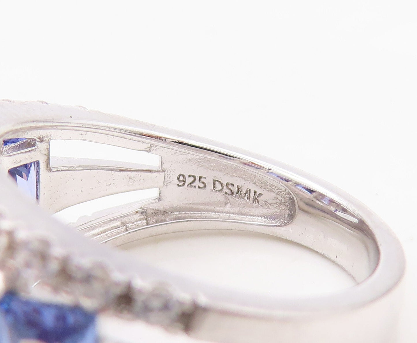 925 Sterling Silver Vintage Ring Split Band Rectangle Sapphire & CZ Sz 7 RG30350