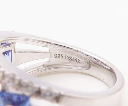 925 Sterling Silver Vintage Ring Split Band Rectangle Sapphire & CZ Sz 7 RG30350