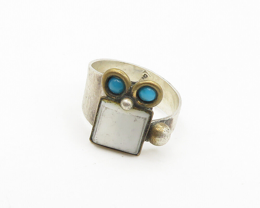 LOUIS BOOTH 925 Silver  Vintage Mother Of Pearl & Turquoise Ring Sz 5  RG18251