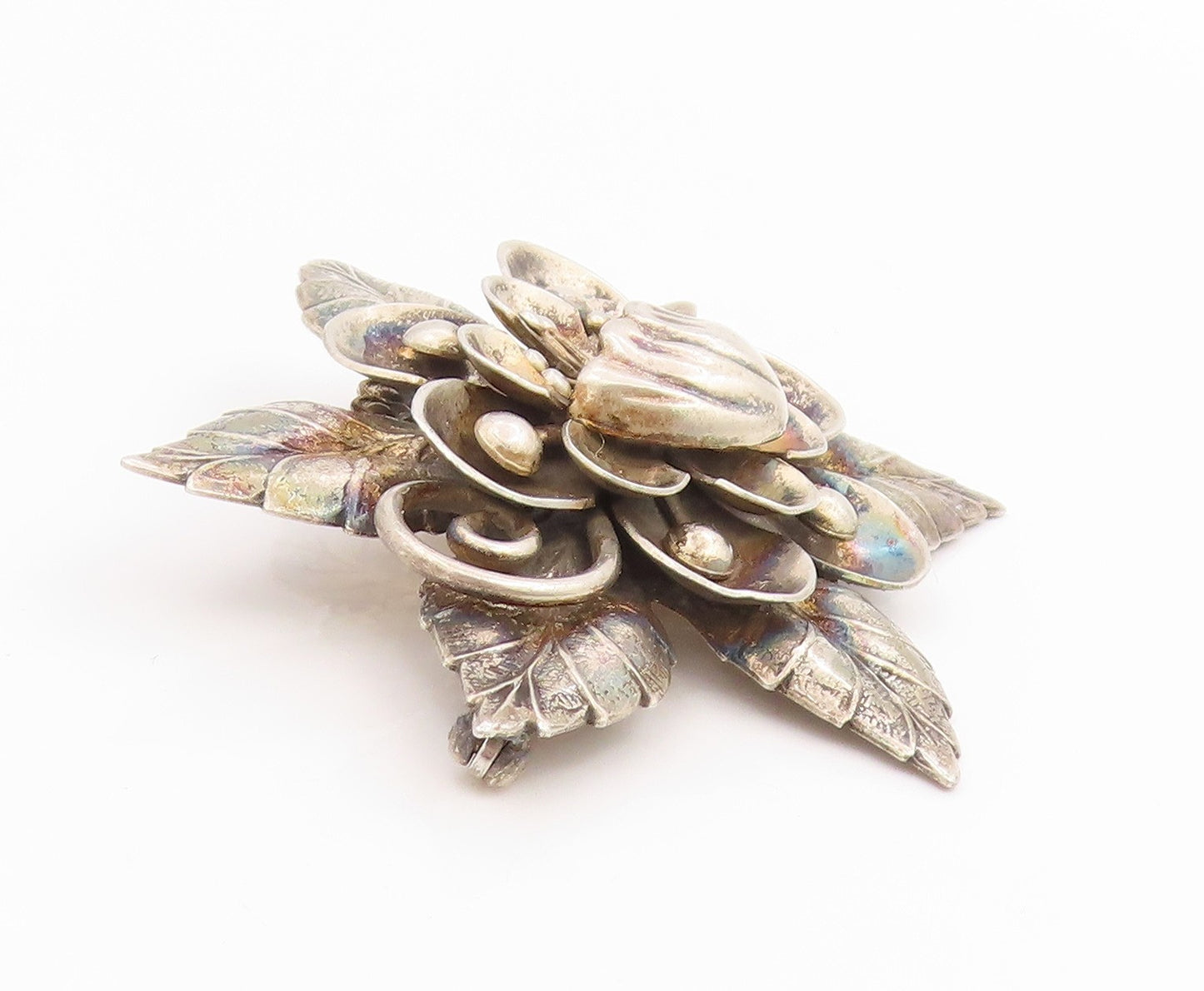 925 Sterling Silver Vintage Brooch Pin Carved Lotus Flower Blossom Motif BP12503