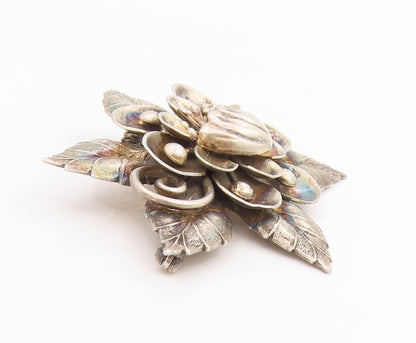 925 Sterling Silver Vintage Brooch Pin Carved Lotus Flower Blossom Motif BP12503