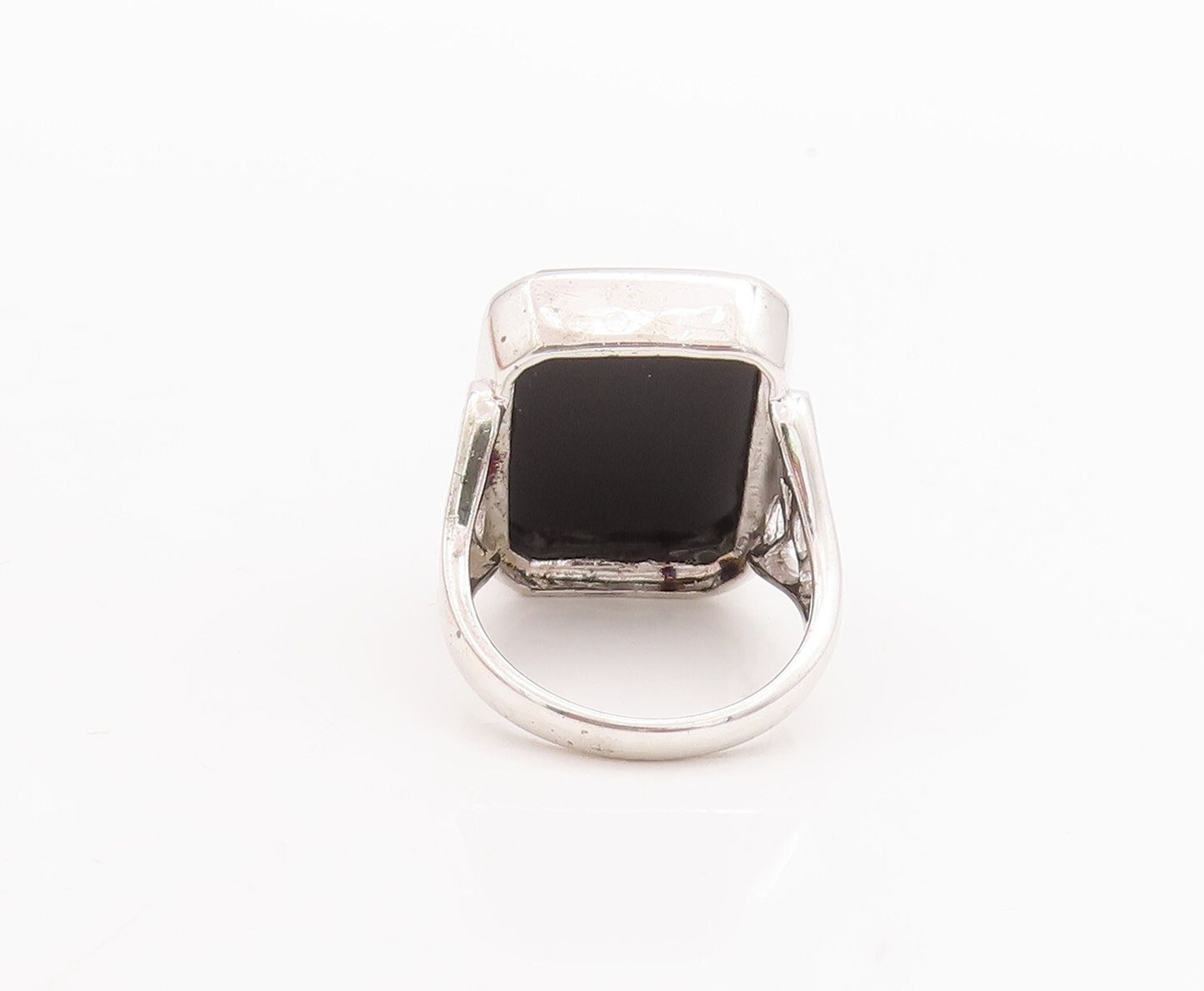 925 Sterling Silver Vintage Ring Rectangle Cut Onyx Carved Band  Sz 6.5  RG29279