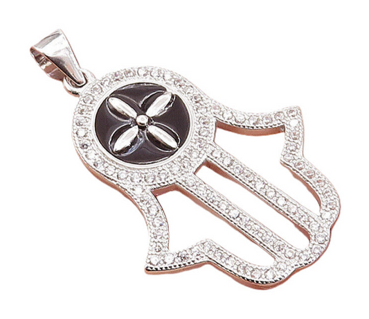 925 Sterling Silver  Sparkling Cubic Zirconia & Enamel Hamsa Pendant  PT6103