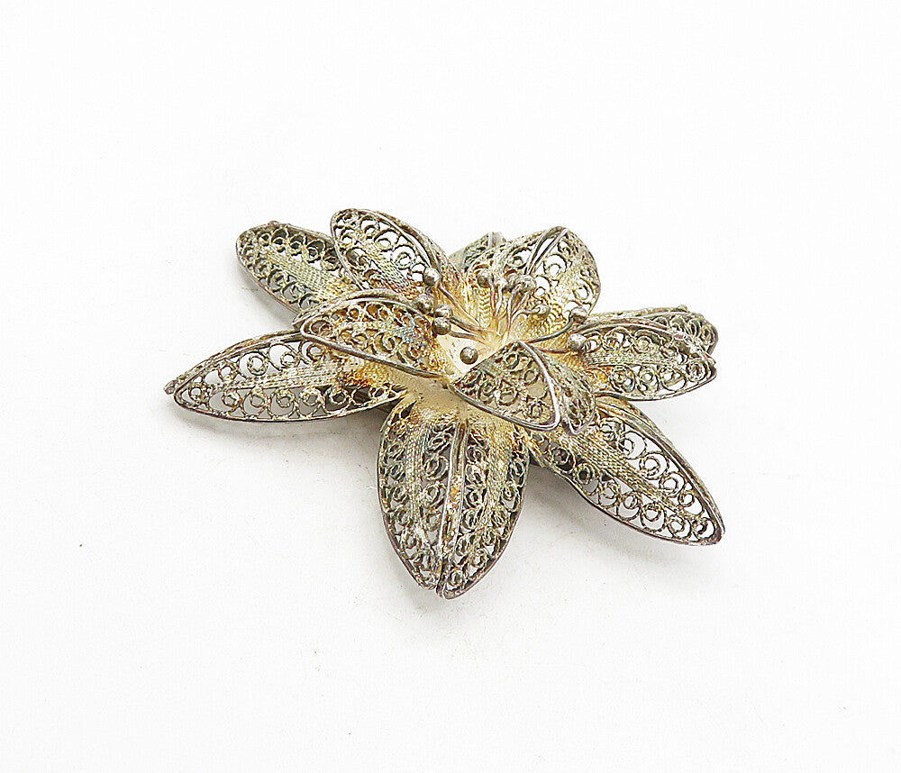 925 Sterling Silver  Vintage Antique Filigree Flower Motif Brooch Pin  BP3089