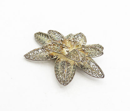 925 Sterling Silver  Vintage Antique Filigree Flower Motif Brooch Pin  BP3089