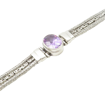 925 Silver  Vintage Purple Cubic Zirconia Byzantine Chain Bracelet  BT6578