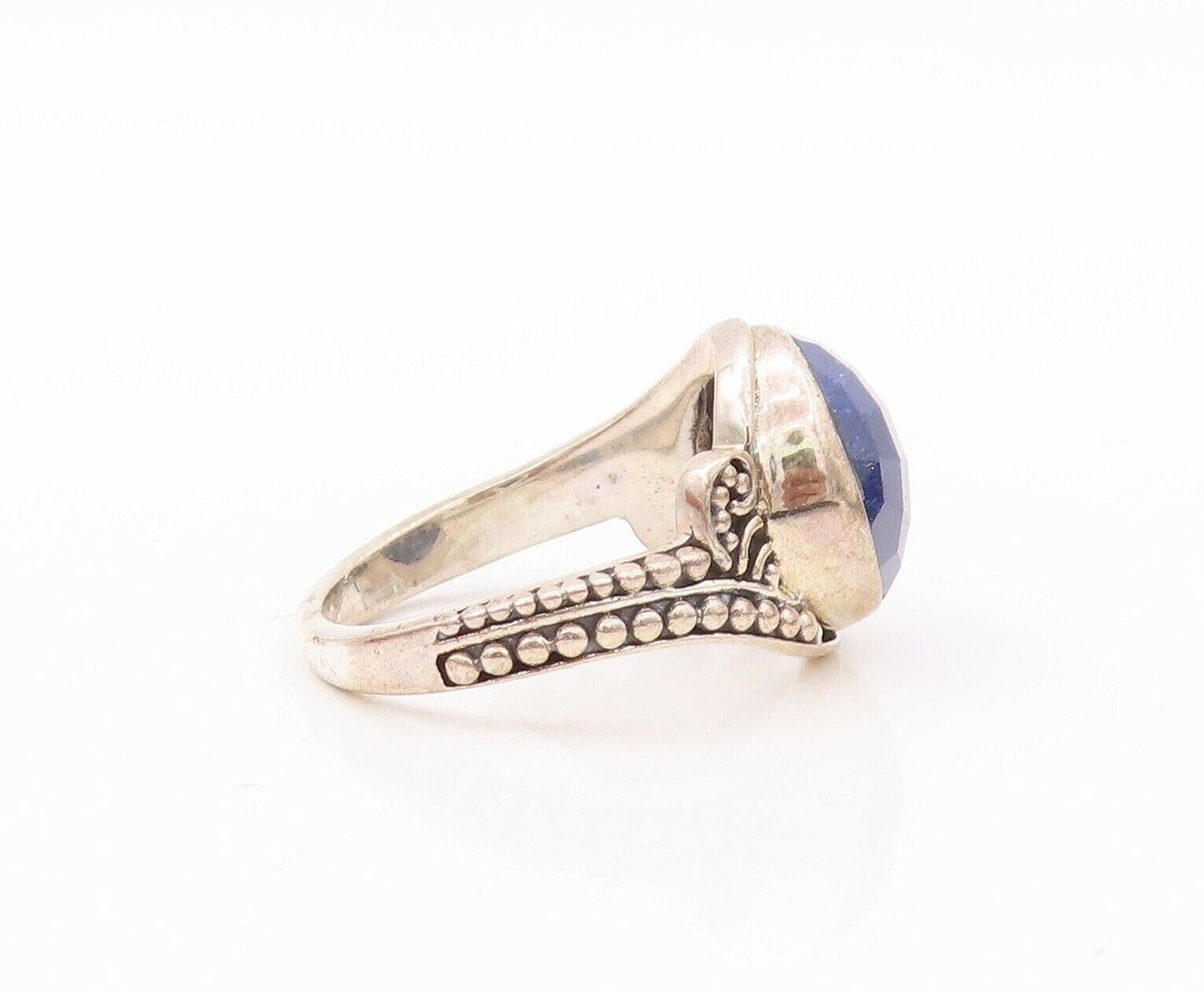 925 Sterling Silver Vintage Ring Bead Carved Round Cut Gemstone Sz 8  RG30205