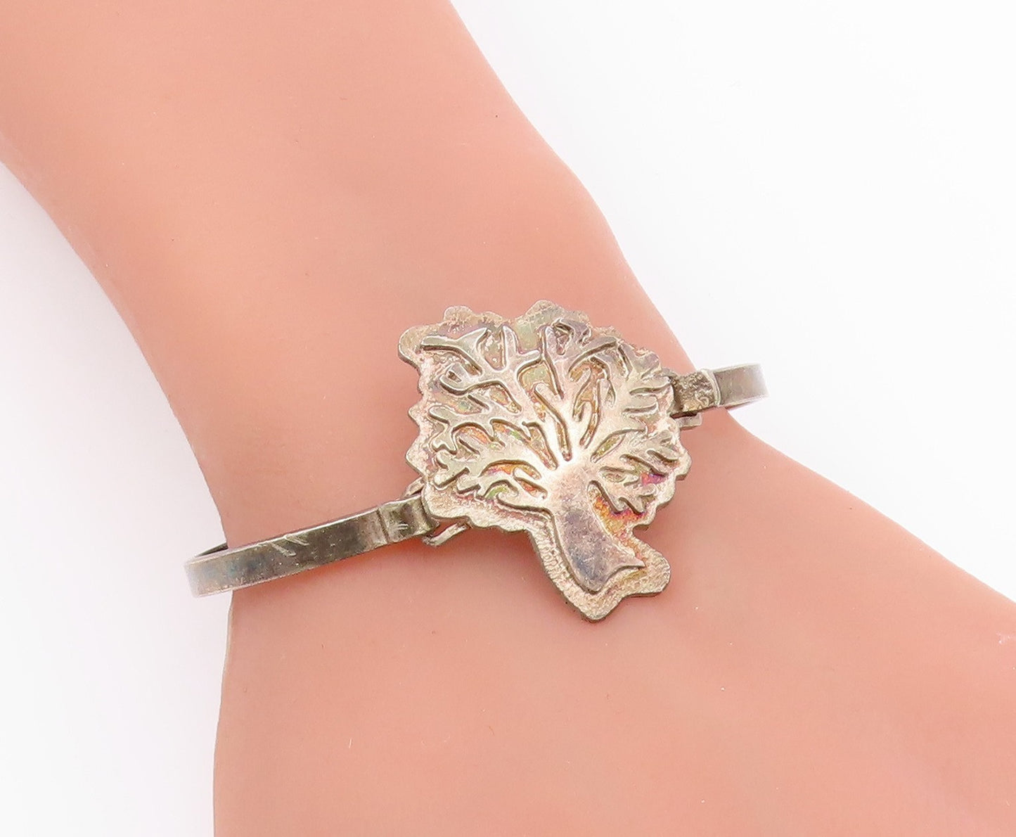 925 Sterling Silver Vintage Carved Tree Of Life Hooked Bangle Bracelet BT9654