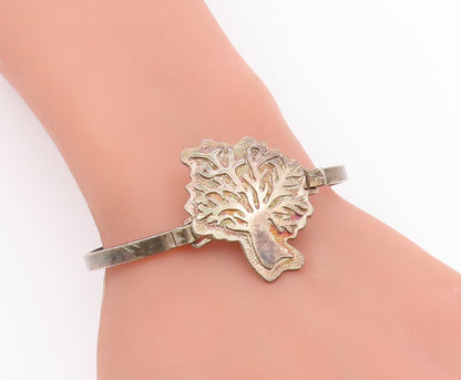 925 Sterling Silver Vintage Carved Tree Of Life Hooked Bangle Bracelet BT9654
