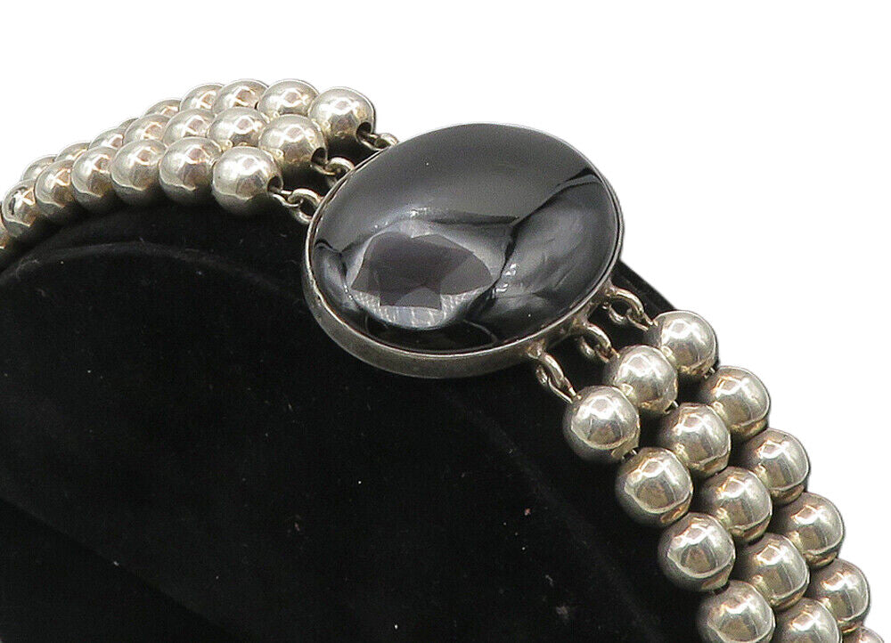 MEXICO 925 Silver  Vintage Black Onyx Shiny Ball Beaded Chain Bracelet  BT4177