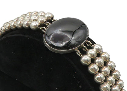 MEXICO 925 Silver  Vintage Black Onyx Shiny Ball Beaded Chain Bracelet  BT4177