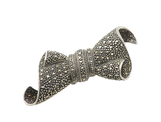 925 Sterling Silver  Vintage Sparkling Marcasite Ribbon Bow Brooch Pin  BP7005