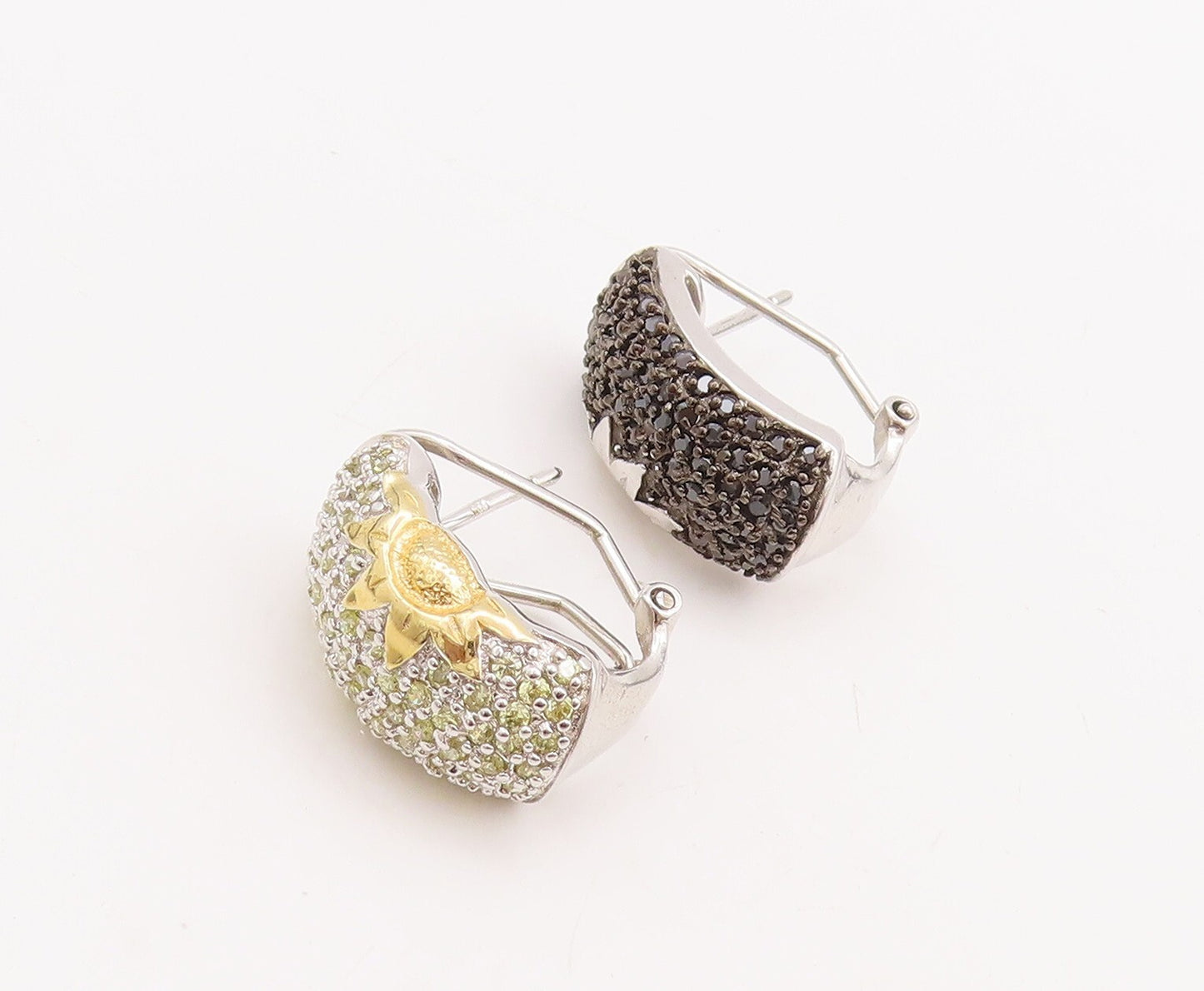 925 Sterling Silver Vintage Earrings Black & White Diamonds Carved Sun  EG13105