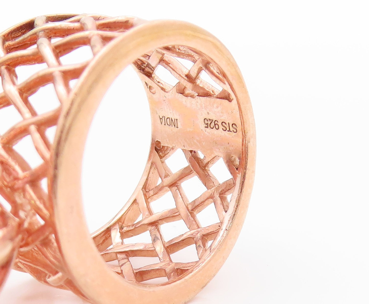 925 Sterling Silver Vintage Ring Rose Gold Plated Net Band Gemstone Sz 7 RG32466