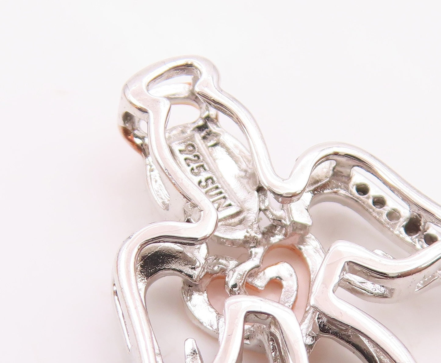 925 Silver  Vintage Two Tone Angel & Heart Genuine Diamonds Pendant  PT21904