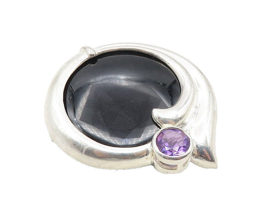 925 Sterling Silver  Vintage Black Onyx & Amethyst Round Brooch Pin  BP3829