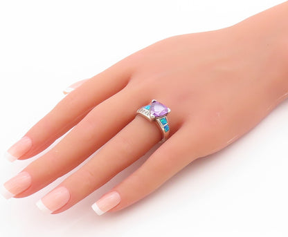 925 Sterling Silver Vintage Ring Faceted Amethyst & Fire Opal Band Sz 8 RG33498