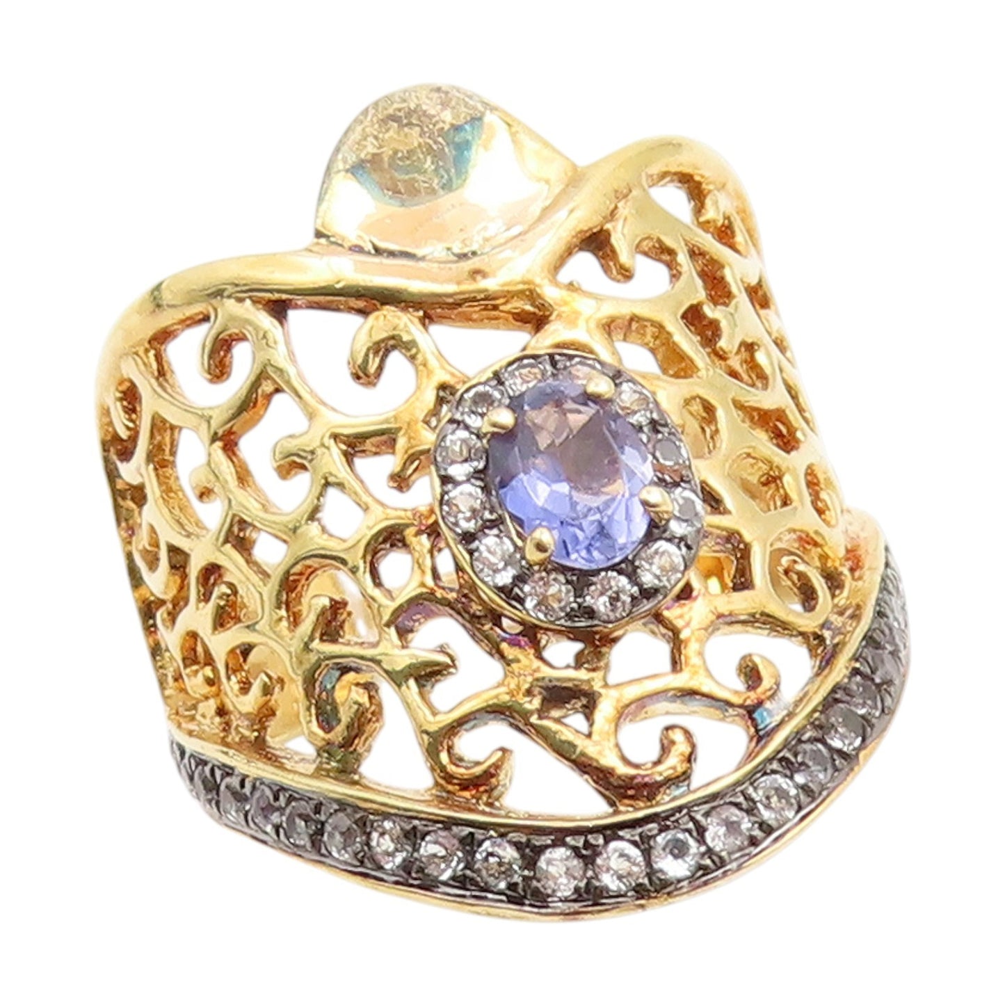 925 Sterling Silver Vintage Ring Gold Plated Real Topaz Openwork Sz 6.5 RG34967