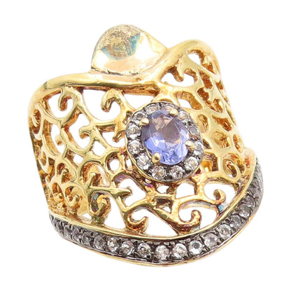 925 Sterling Silver Vintage Ring Gold Plated Real Topaz Openwork Sz 6.5 RG34967