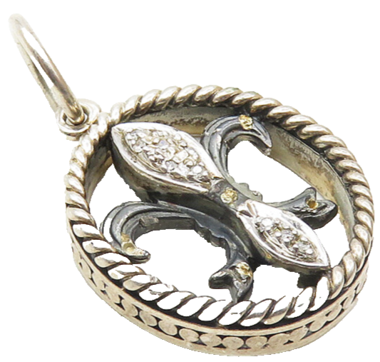 925 Sterling Silver  Vintage Genuine Diamonds Fleur De Lis Drop Pendant PT7515