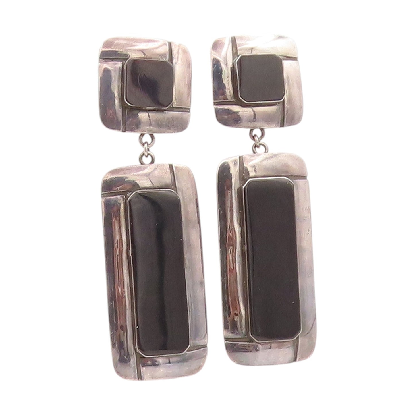 925 Sterling Silver Vintage Earrings Black Onyx Modern Geometric Dangle  EG13777