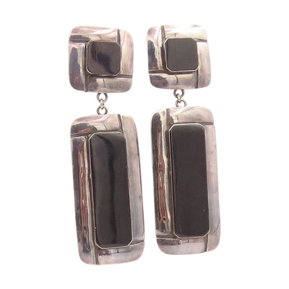 925 Sterling Silver Vintage Earrings Black Onyx Modern Geometric Dangle  EG13777