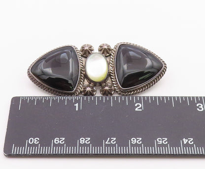 REVE 925 Silver  Vintage Black Onyx & Mother Of Pearl Twist Brooch Pin  BP8087