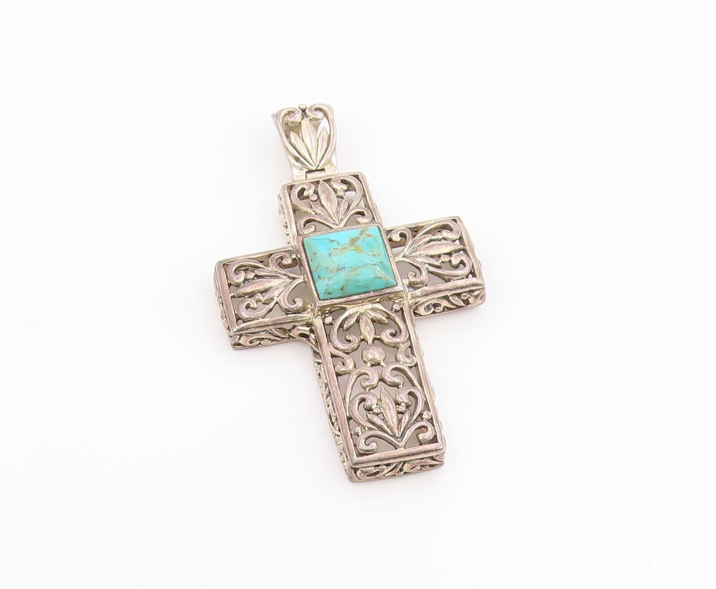 925 Sterling Silver Vintage Pendant Turquoise Large Open Floral Cross  PT25693