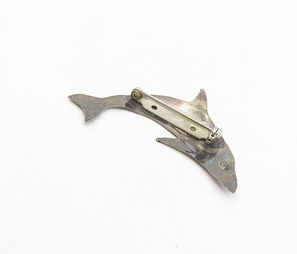 925 Sterling Silver  Vintage Oxidized Leaping Dolphin Motif Brooch Pin  BP3075