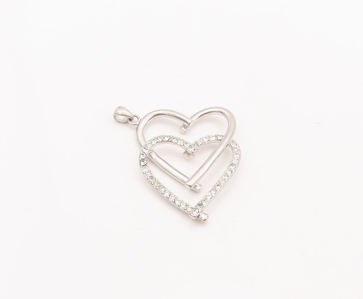925 Sterling Silver Vintage Pendant CZ Beaded Double Heart Cutout   PT23148