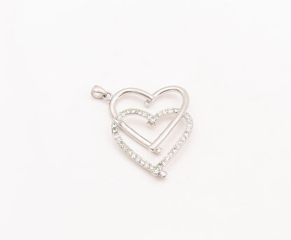 925 Sterling Silver Vintage Pendant CZ Beaded Double Heart Cutout   PT23148