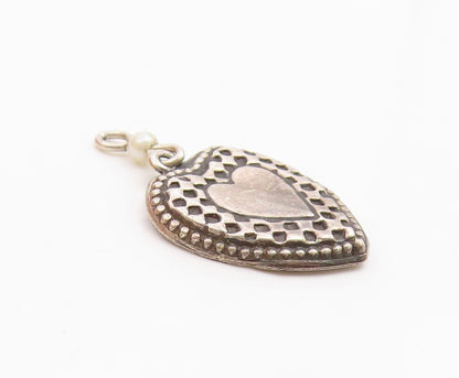 925 Sterling Silver Vintage Petite Pearl Checkered Love Heart Pendant  PT16472