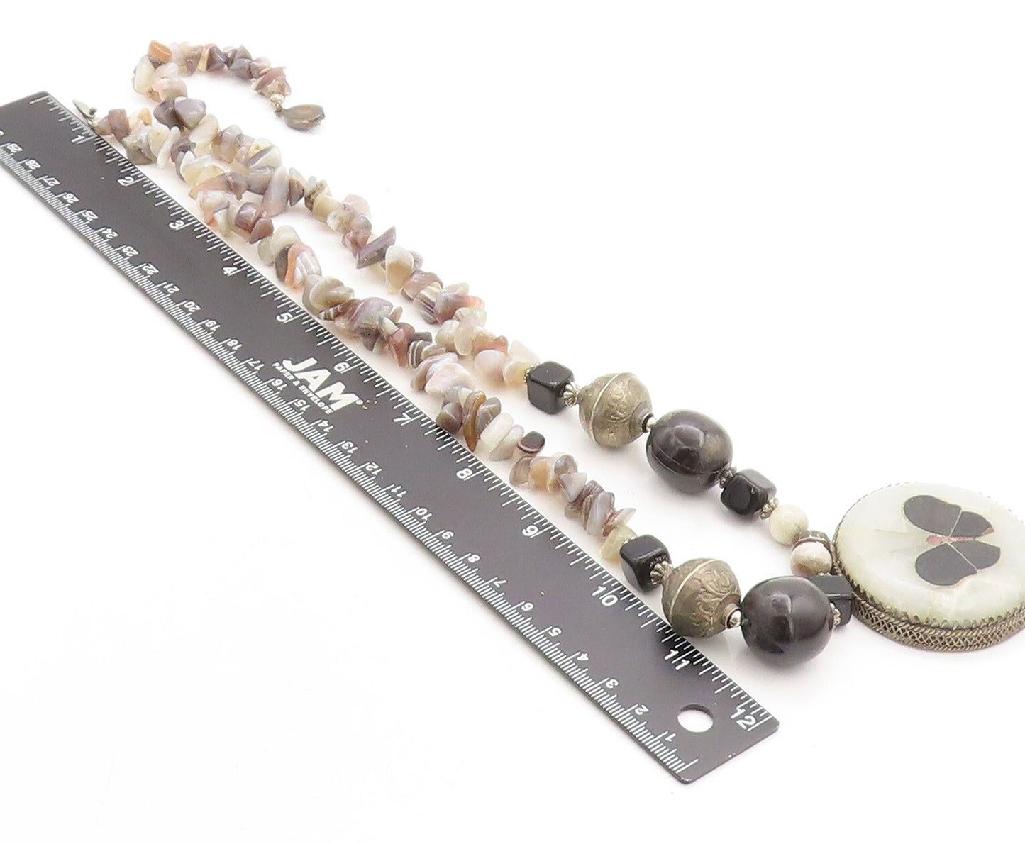 Solid Silver Vintage Multi Gemstone Butterfly Beaded Necklace NE1003