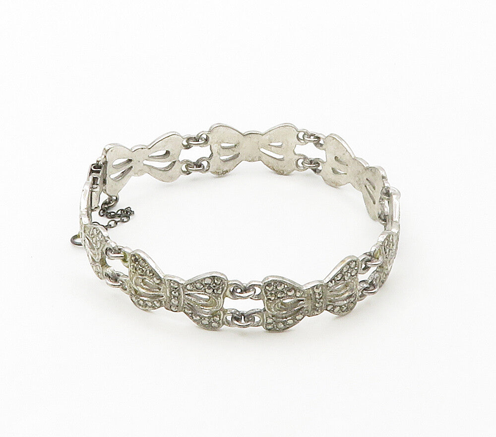 925 Sterling Silver  Vintage Sparkling Bow Tied Ribbons Chain Bracelet  BT6514