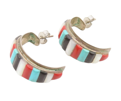 925 Sterling Silver Vintage Earrings NAVAJO ZUNI Multi Gemstone Hoops  EG13896