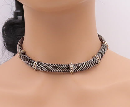 14k Gold 925 Sterling Silver Vintage Necklace Dark Tone Net Effect Cutout NE4437