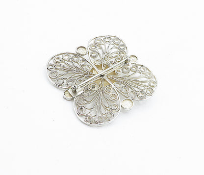 925 Sterling Silver  Vintage Shiny Floral Swirl Filigree Brooch Pin  BP1745