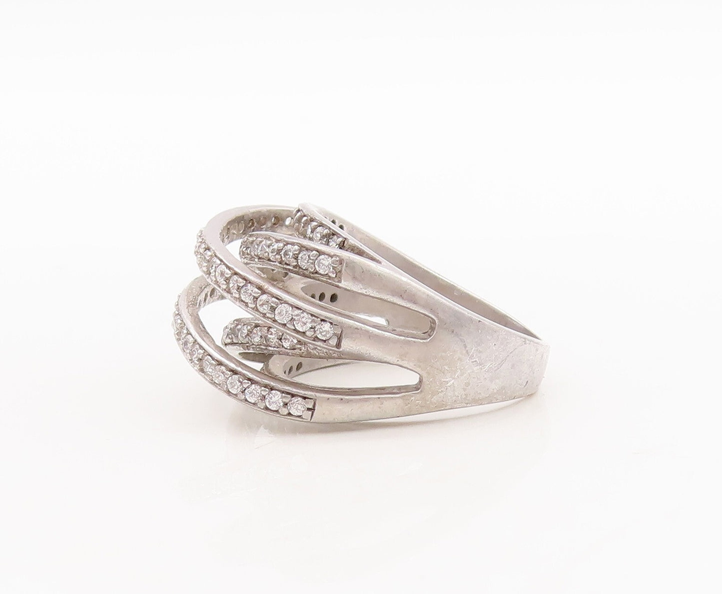 925 Sterling Silver Vintage Ring Designer Split White Topaz Bands  Sz 7  RG29658