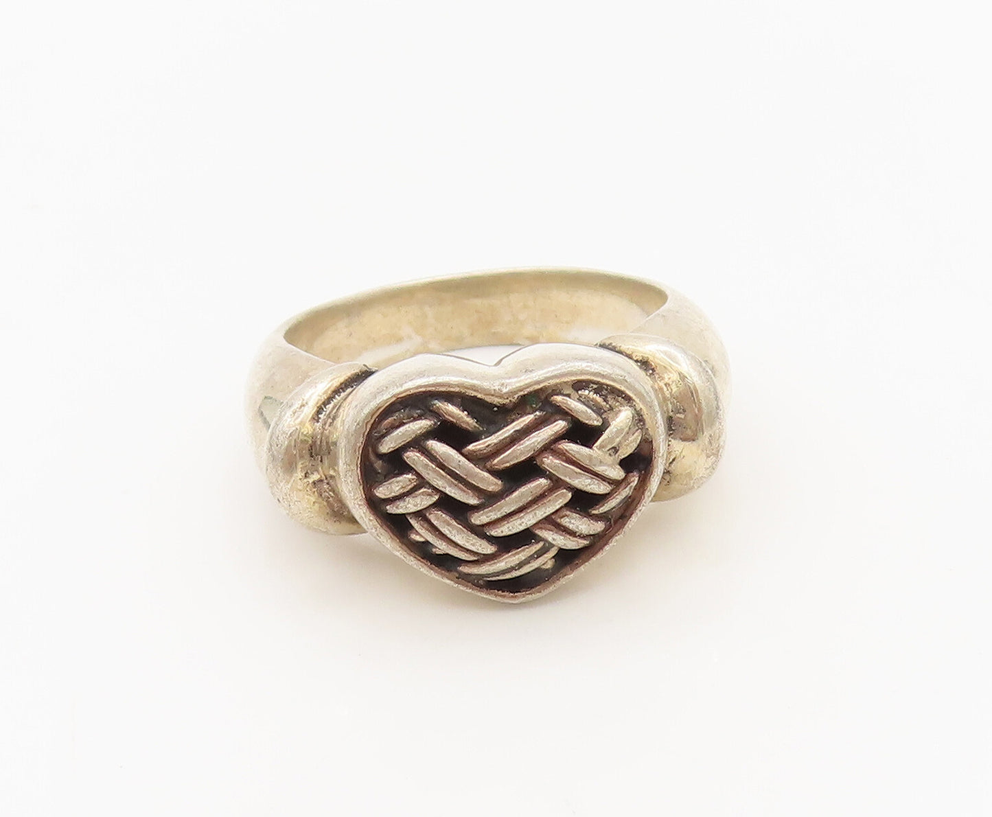 925 Sterling Silver  Vintage Brutalist Woven Carved Heart Ring Sz 7.5  RG27191