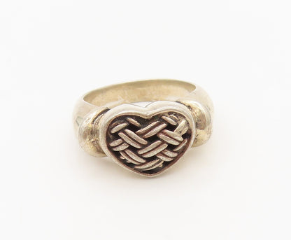 925 Sterling Silver  Vintage Brutalist Woven Carved Heart Ring Sz 7.5  RG27191